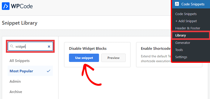 Seleccione el fragmento Deshabilitar bloques de widgets de la biblioteca WPCode