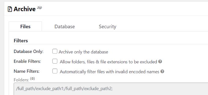 Configuración de archivo para la copia de seguridad
